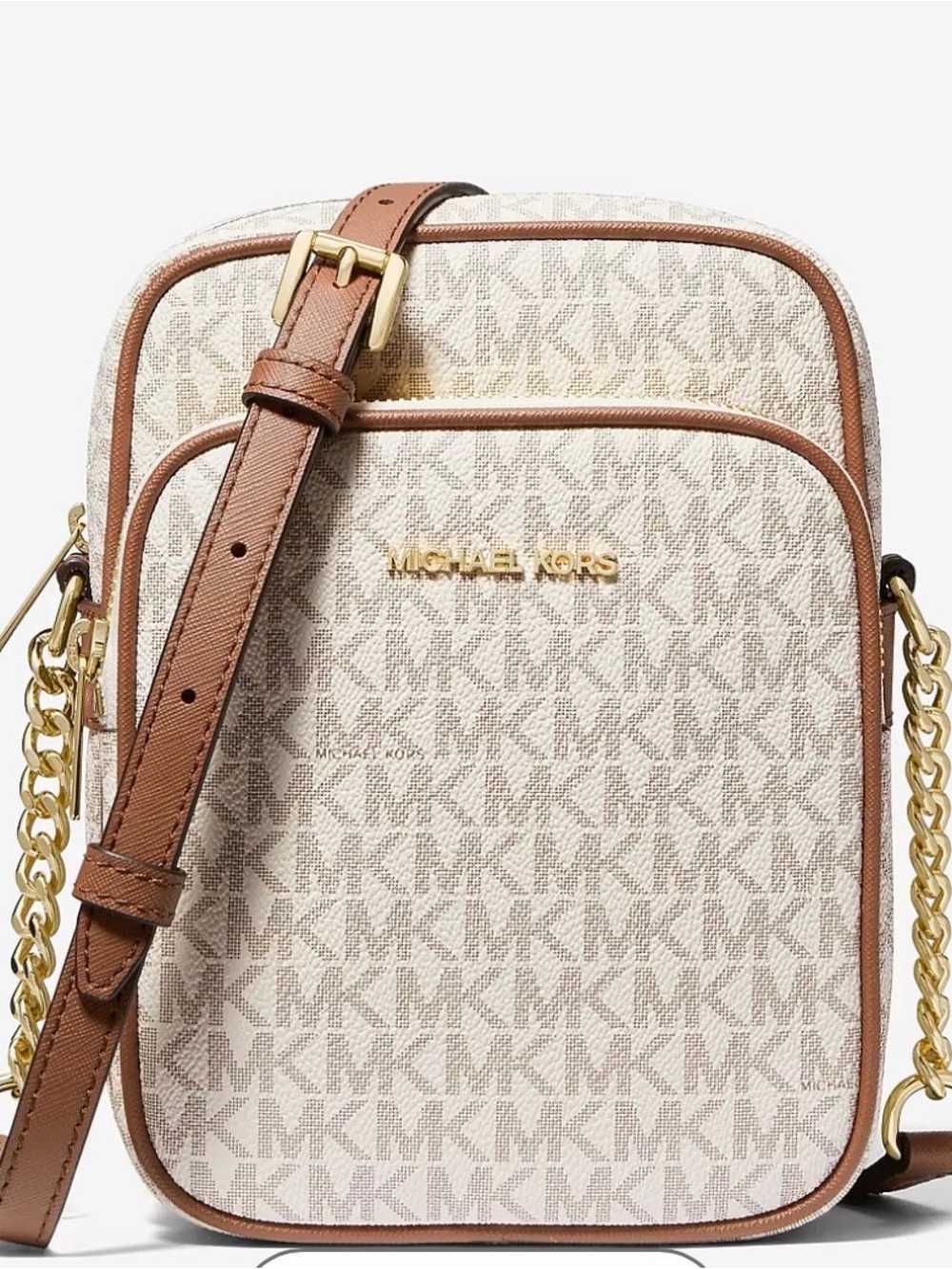 Michael Kors Cream & Brown MK Signature Crossbody with Gold Hardware